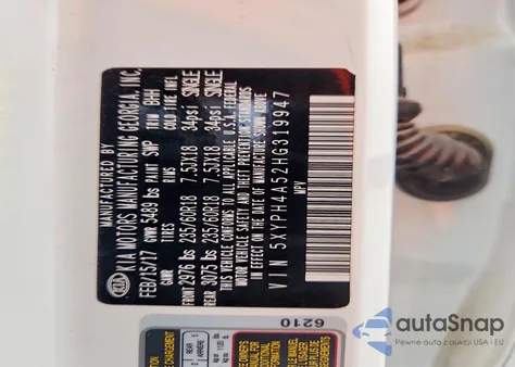 2017 Kia Sorento Ex z USA, uszkodzony, nr VIN 5XYPH4A52HG319947